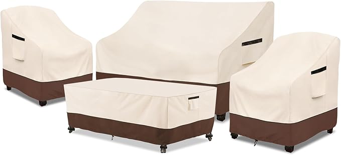 Rileytee Patio Furniture Set Covers, 4 Piece, 600D Heavy Duty Waterproof, for Loveseat, Chair and Coffee Table, (Beige and Brown,Medium)