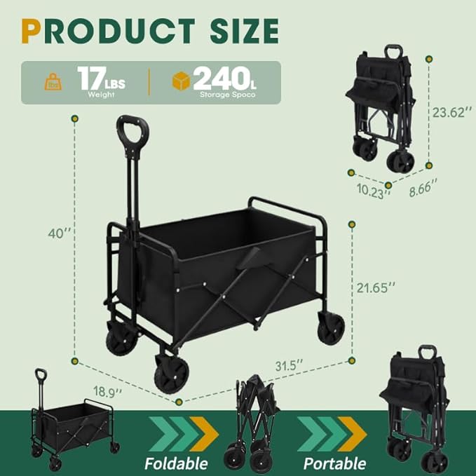 Collapsible Wagon with Wheels, 370lbs Weight Capacity Foldable Beach Wagon with Flexible Handle Portable Utility Wagon Cart for Outdoor, Grocery, Garden, Camping