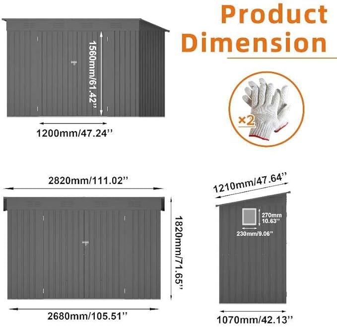 YOPTO 4x9 FT Outdoor Storage Shed,Metal Shed W/Window,Garden Storage Shed W/ 6 Air Vents & 2 Swing Doors,Weatherproof Tool House W/Sloped Roof,for Backyard Patio Lawn,Gray