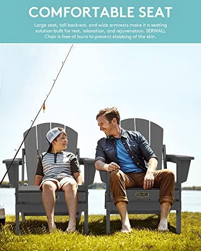 SERWALL Folding Adirondack Chair with Cup Holder Set of 4, Weather Resistant HIPS Patio Chairs, Wooden Textured, Fire Pit Chairs for Garden Outdoors Fire Pit - Gray