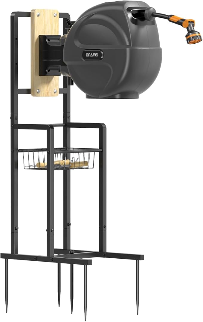 Retractable Hose Reel Stand, Freestanding Garden Hose Holder for Outside with Mounting Brackets, No Wall Installation, Fits Most Garden Hose Reels (Reel Not Included)