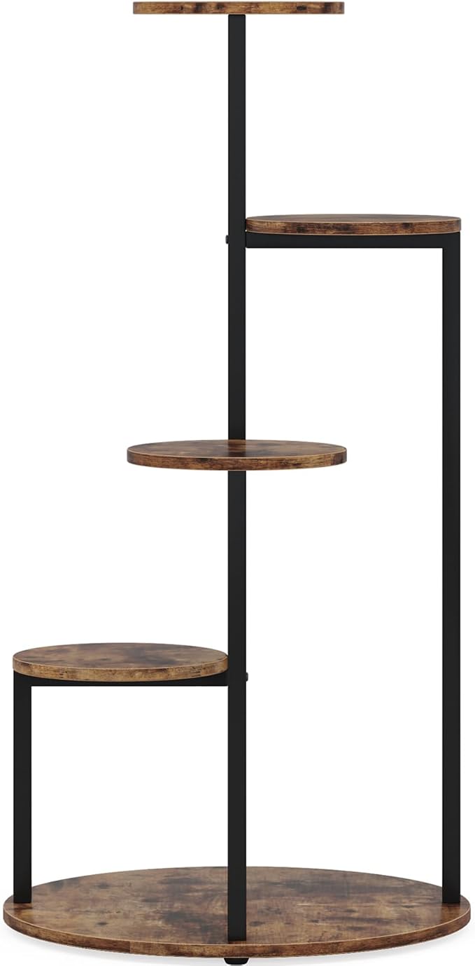 LITTLE TREE 5-Tier Corner Plant Stand, Free Standing Wood Metal Flower Rack Pot Shelf Display with Round Board, Garden Patio Balcony Plant Holder for Indoor Outdoor Living Room, Bedroom, Rustic Brown