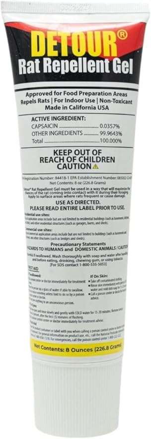 Detour Rat Repellent Gel Professional Grade Rat Mice Repellent 8 oz Squeeze Tube NSF-Approved for Food Preparation Areas Protects Car Engine Wires & Outdoor Grills from Rodents Toxin-Free