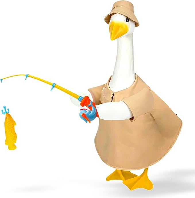 Fishing Porch Goose Outfits, Fisherman Costume for 23 Inch Plastic/Cement Goose, Goose Sculpture Clothes for Summer Yard Patio Party Decoration(Fishing Enthusiast 1)