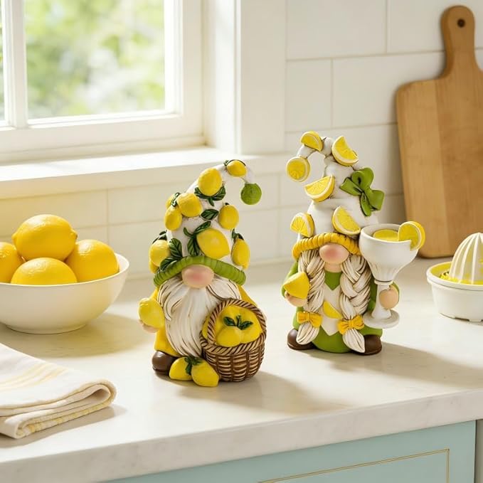 Hodao 2PCS Lemon Gnome Figurine Set - Lemon-Themed Gnome Indoor Home Decor for Summer - Small Decorative Gnomes for Kitchen, Living Room, or Shelf - Cute Ornament Set