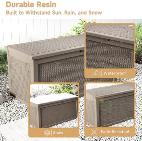 260 Gallon Deck Box, Waterproof Resin Outdoor Storage Box with Lockable Lid, Patio Storage Box with Fade Resistant for Patio Furniture Cushions, Pool Accessories, Garden Tools, Light Coffee
