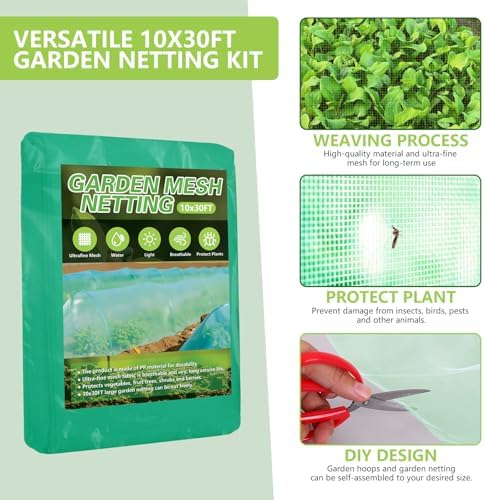 2 x Garden Netting Kit, 10x30FT Green Mesh Netting+10x30FT White Mesh Netting+ 12 Sets of 8FT Fiberglass Garden Hoops for Raised Beds