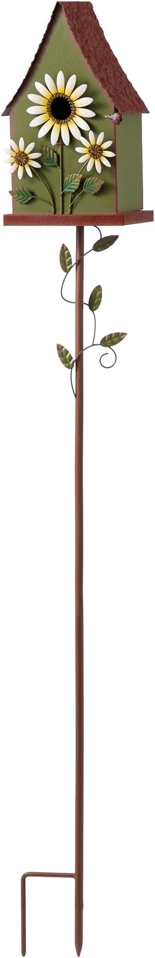 Glitzhome Birdhouses for Outdoors, Bird Houses Stake for Outside, 52.5" H Metal Bird House Decorative Daisy Birdhouse with Stake for Garden Patio Backyard (Green)