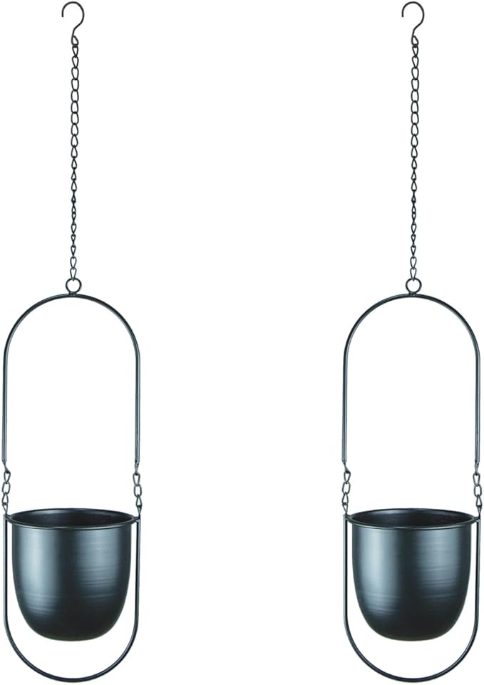 Modern Metal Hanging Planters with 6 Inch Pots and Sleek Chains - Set of 2 Oval Geometric Plant Hangers - Black Wall and Ceiling Mount Flower Holders for Indoor Décor