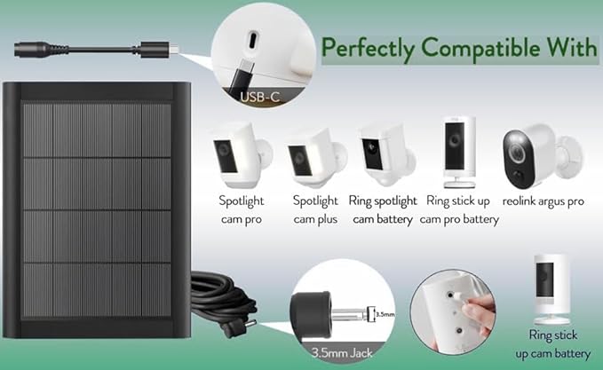 2 Pack Ring Solar Panel(2nd Generation), 5W Solar Panel Charger with Mount for Stick Up Camera & Pro, Spotlight Plus & Pro,Black,12FT/4M Long Cable with USB-C to Ring Barrel Plug Adapter 。