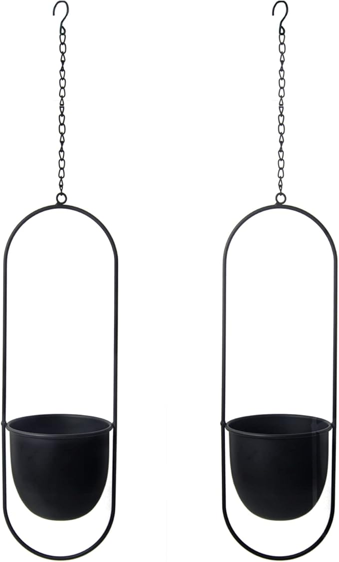 Modern Metal Hanging Planters with 6 Inch Pots and Sturdy Rods - Set of 2 Oval Geometric Plant Hangers - Black Wall and Ceiling Mount Flower Holders for Indoor and Houseplants