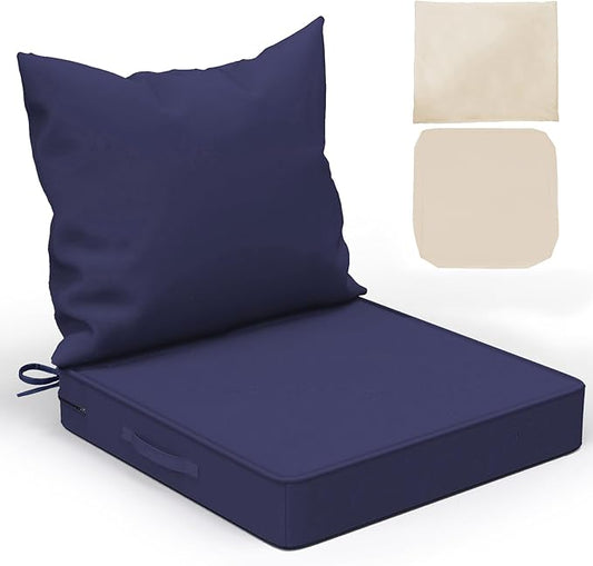 Patio Chair Cushions with Two Replaceable Cover Sets 24x24 Inch , Waterproof Fade Resistant Outdoor Cushions for Patio Furniture, Edge Binding Design with Handle, Adjustable Straps & Hidden Zipper