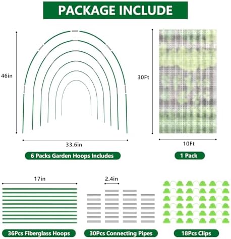 2 x Garden Netting Kit, 10x30FT Green Mesh Netting+10x30FT White Mesh Netting+ 12 Sets of 8FT Fiberglass Garden Hoops for Raised Beds