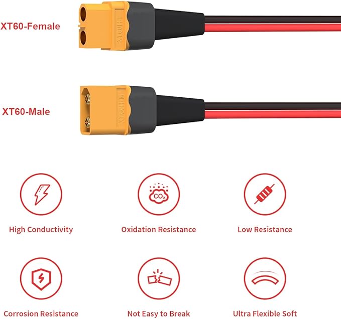 ELFCULB 10AWG 2FT XT60 Extension Cable 2 6 10 20 35 50 75 100FT XT60 Female to Male Connector for RC Battery Portable Power Station Solar Panel(2FT)