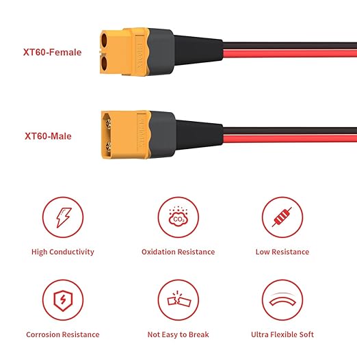 ELFCULB 10AWG 1FT XT60 Extension Cable, XT60 Female to Male Connector for RC Battery Portable Power Station Solar Panel(2 Pieces)