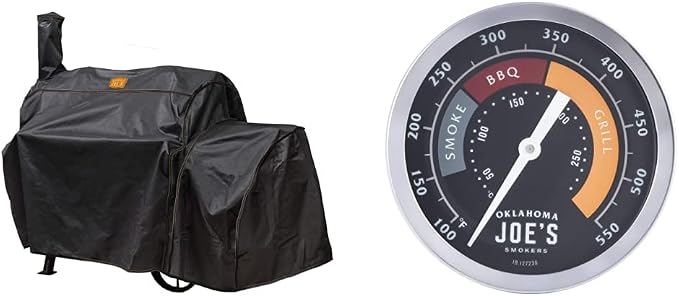 Oklahoma Joe’s Highland Offset Smoker Cover, Black & Oklahoma Joe's 3695528R06 Temperature Gauge , Silver