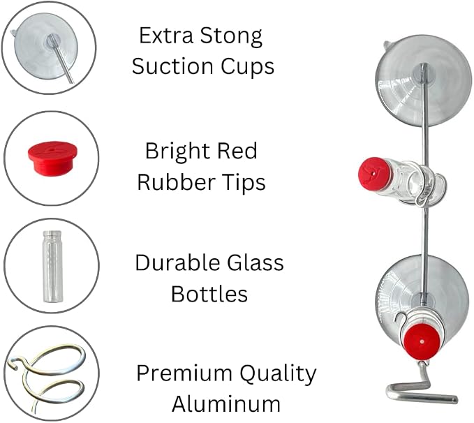 Window Hummingbird Feeder | Handcrafted Copper and Aluminum | Multiple Stations | Modern Hummingbird Feeder | Home Décor | Glass Bottles | Suction Cups (Aluminum, Two Station)