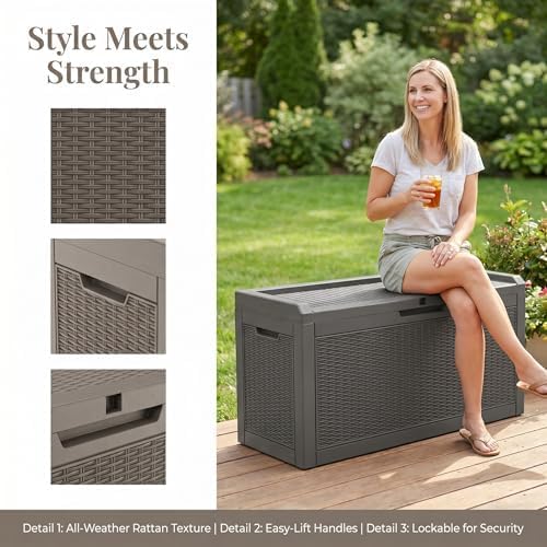 60 Gallon Deck Box, Waterproof Resin Outdoor Storage Box with Lockable Lid, Patio Storage Box with Fade Resistant for Patio Furniture Cushions, Pool Accessories, Garden Tools, Light Coffee