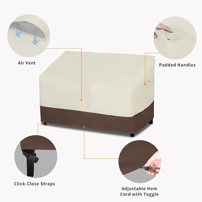 Easy-Going Waterproof Outdoor Loveseat Cover, Heavy Duty 2-Seater Patio Couch Cover, Windproof Outdoor Furniture Protector with Air Vent (58Wx40Dx31H inch, Beige/Dark Brown)
