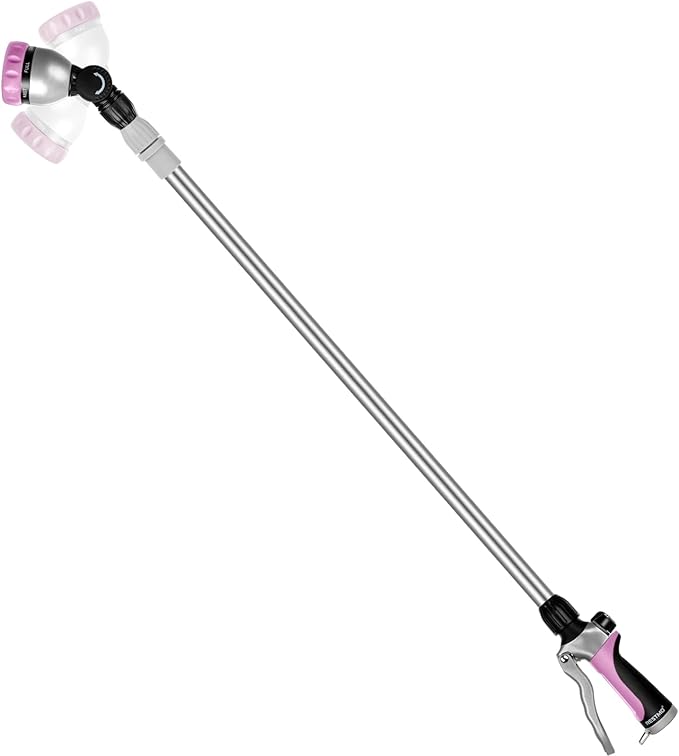 RESTMO 36”-60” Metal Watering Wand, Long Telescopic Tube | 180° Adjustable Ratcheting Head | 7 Spray Patterns | Flow Control, Perfect Garden Hose Sprayer to Water Hanging Baskets, Shrubs, Pink