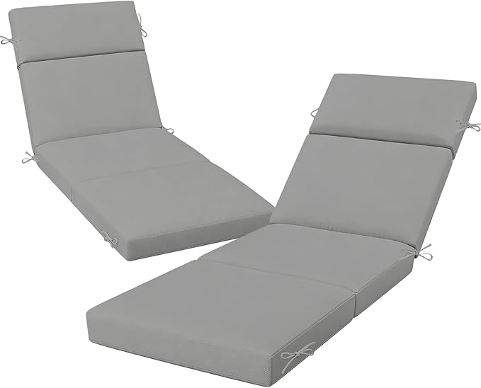 2 Pcs Outdoor Chaise Lounge Cushion 72" x 21" x 3", 4-Section Folding Patio Lounge Chair Cushion with Ties, Waterproof & Fade Resistant Replacement Cushion for Pool, Patio, Deck (Grey, 2 Pcs)