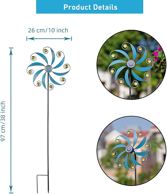 Stargarden Wind Spinner, Metal Outdoor Wind Sculptures & Spinners, Small Garden Pinwheels for Yard and Garden Decor Blue