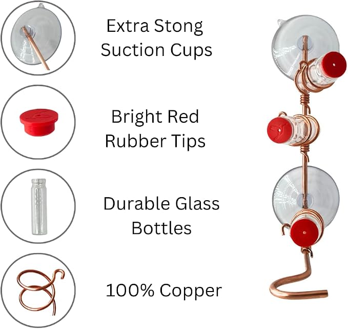 Window Hummingbird Feeder | Handcrafted Copper and Aluminum | Multiple Stations | Modern Hummingbird Feeder | Glass Bottles | Suction Cups (Copper, Three Station)