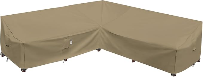 Heavy Duty Outdoor Sectional Sofa Cover, 115"X115" Waterproof 600D Patio Sectional Couch Protector, V-Shaped Lawn Winter Patio Furniture Covers-Desert Khaki