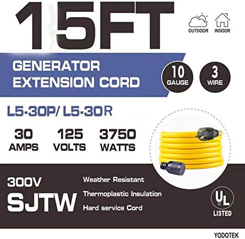 15FT Heavy Duty 3 Prong Generator Locking Power Cord NEMA L5-30P/L5-30R,10 Gauge SJTW Cable, 125V 30Amp Yellow Generator Lock Extension Cord with UL Listed…