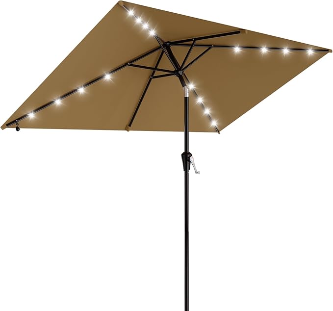 AreShark 6.5' x 10' Rectangular Patio Umbrella with Solar Lights, Solar Powered Lighted Market Umbrella w/Tilt and Crank, Outdoor Table Umbrella for Garden, Deck, Backyard, Pool and Beach, Khaki