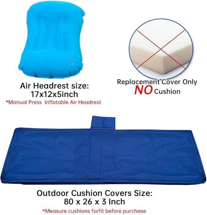 Replacement Covers for Outdoor Chaise Lounge Cushions, 80 x 26 x 3 Inch Patio Lounge Chair Cushion Covers–Waterproof, Fade-Resistant, with 2 Pockets & Inflatable Headrest (Cover Only) Navy blue