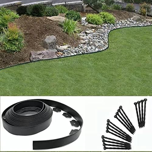 Garden Edging，20ft Landscape Edging with 20 Spikes for Lawn 2 Inch Tall(Black, 20FT)