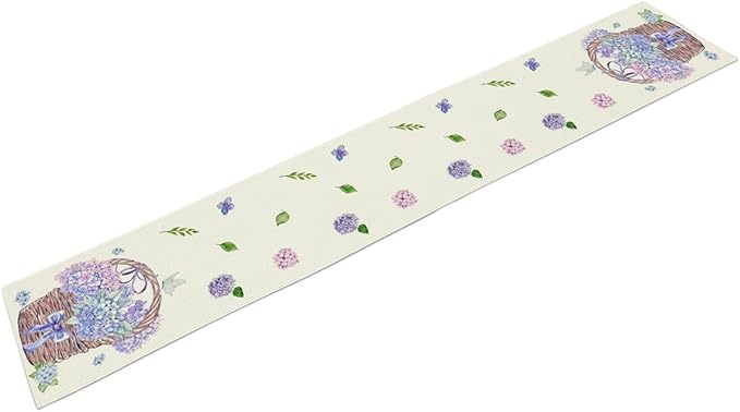 Blue Floral Table Runner, Rustic Watercolor Spring Summer Seasonal Hydrangea Flower Retro Coffee Country Table Center Decor for Family Kitchen and Dining Party Farmhouse Table Decorations, 13"x108"