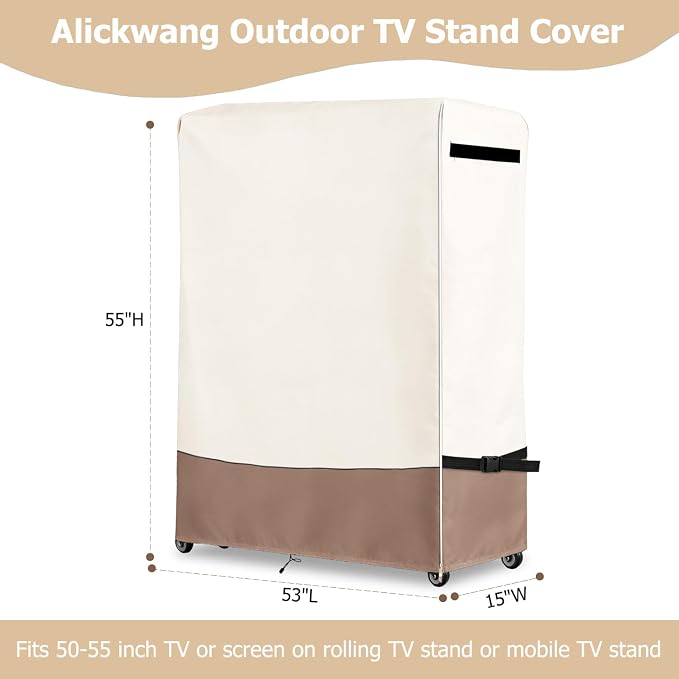 53 Inch Outdoor Waterproof TV Trolley Cover,Heavy Duty 600D Rolling TV Stand Cover with Zipper for 50-55 Inch TV,Easy to Ioad and Unload,53"Lx15"Wx55"H,Beige