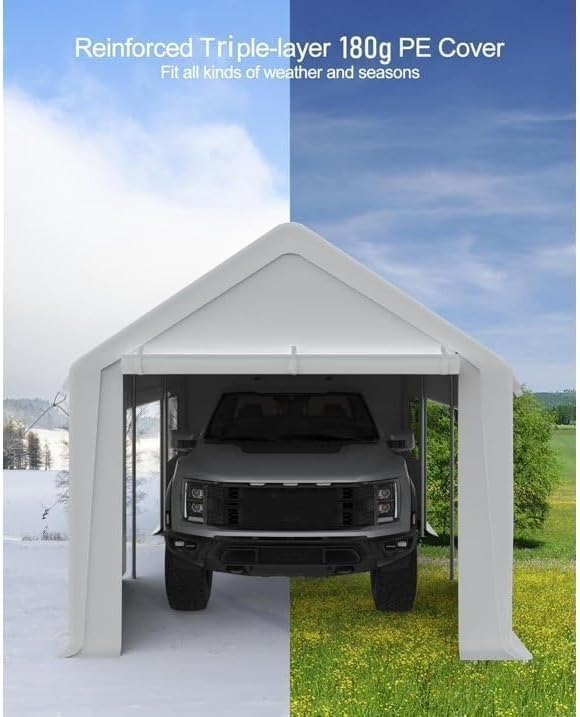 Heavy Duty Carport 10x20ft - Portable Garage with Roll-Up Windows, Removable Sidewalls & Doors, All-Season Tarp for Car, Boat, Truck, Motorcycle - White