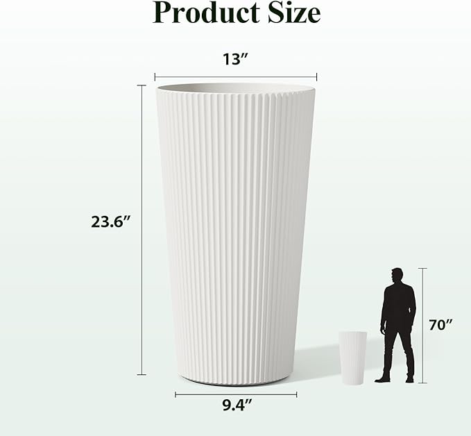 23.6" H Tall Planters for Outdoor Plants, 2 Pack Large Outdoor Planters for Front Porch Decor with Drainage Hole, Plastic Striped Flower Pots Fits Indoor Plants Patio Garden, Black