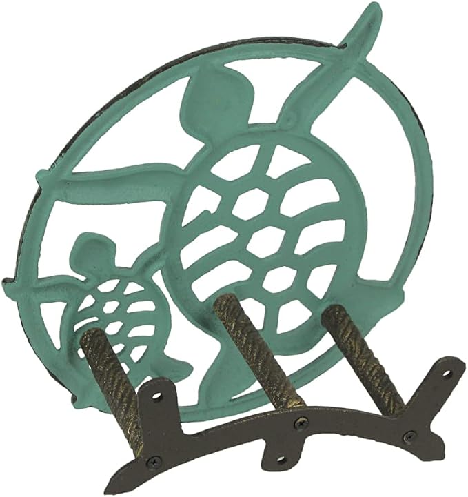 Zeckos Verdigris Bronze Finish Cast Iron Sea Turtle Decorative Wall Mounted Hanging Garden Hose Hanger - 12 Inches Diameter - Ocean-Inspired Hose Holder Décor