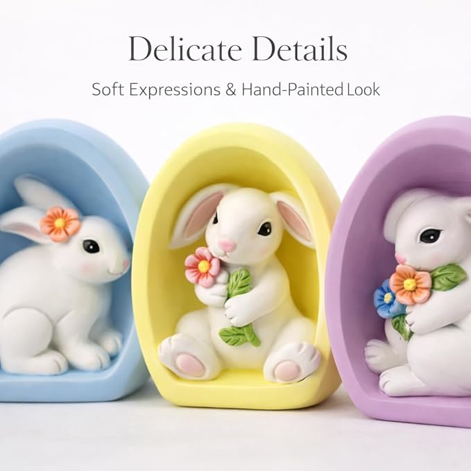 GoGnome Resin Easter Bunny Alcove Figurines, Set of 3 – Pastel Egg Frame Bunny Decor, Spring Shelf & Mantel Display, Cute Seasonal Home Accent (Blue/Yellow/Purple)