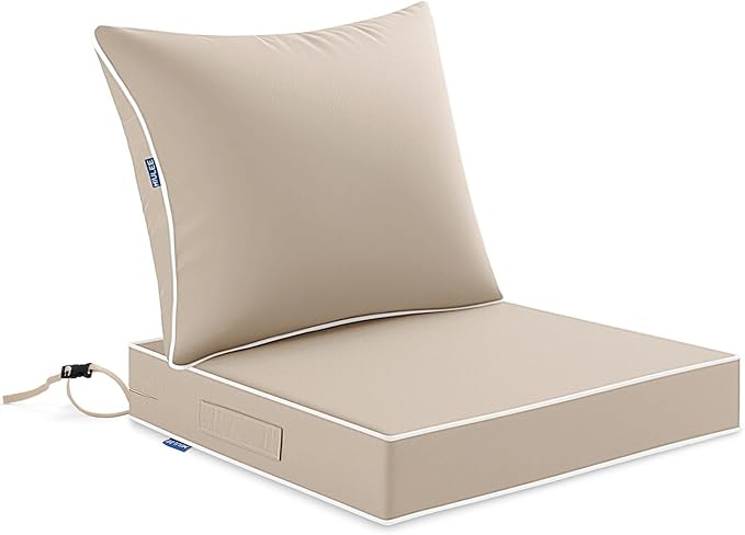 MIULEE Beige Outdoor Seat Cushion 24x24 Inch Waterproof & 3 Year Fade Resistant Deep Seat and Back Cushion for Patio Furniture Chair Sofa Couch with Handle and Adjustable Straps