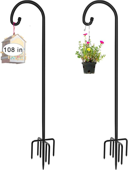 Artigarden 108 inch Outdoor Shepherd Hook with 7 Prong Base (2 Packs), Adjustable Heavy Duty Garden Hanging Stake for Bird Feeder Solar Light Plant Hanger Wedding Decor, Matte Black