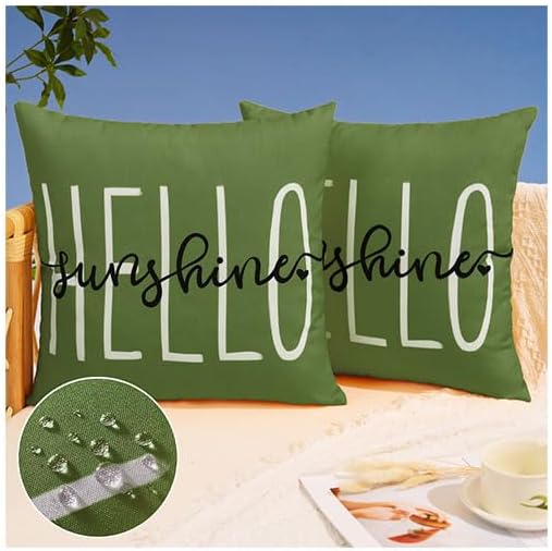 DFXSZ Outdoor Pillow Covers 16x16 Inch Set of 2 Hello Sunshine Decor Olive Green Waterproof Throw Pillow Covers Summer Outdoor Pillow Covers Decor for Patio Funiture Garden Sofa Couch 020G16