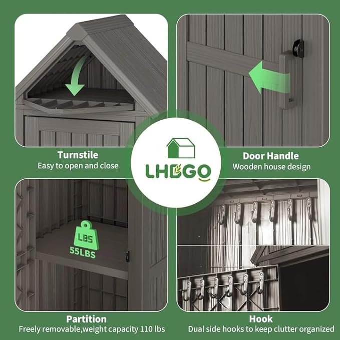 LHBGO Outdoor Storage Shed with Door & Shelf, Large Capacity Weatherproof Garden Tool Cabinet with Multiple Hooks for Backyard, Patio, Lawn（Gray