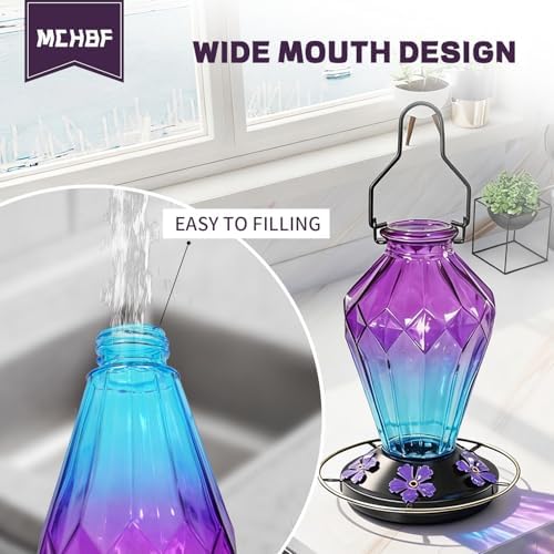 Glass Hummingbird Feeders for Outdoor Hanging, 25 OZ Green and 25 OZ Purple