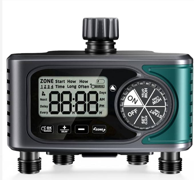Sprinkler Timer for Outdoor Hose Faucet 4 Zone,Programmable Hose Timer with Rain Delay/Manual/Automatic Watering System,Water Timers for Garden Hose,Digital Drip Irrigation for Yard Lawn Outdoor