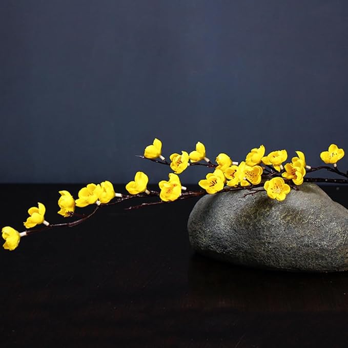 5 Pcs Artificial Plum Blossom Fake Wintersweet Long Stem Plastic Flowers Home Hotel Office Wedding Party Garden Decor 27.5'' High Yellow
