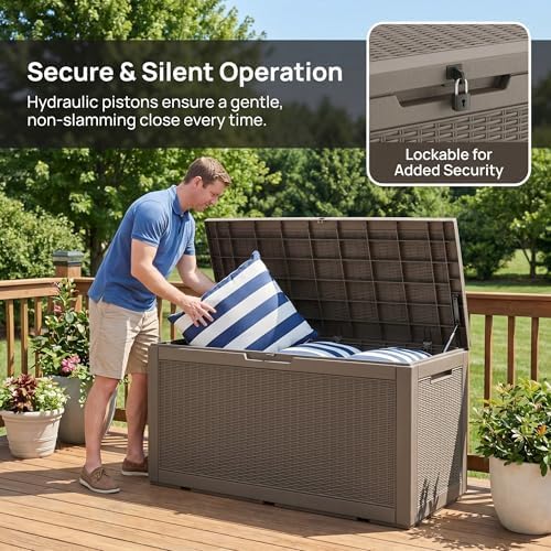 100 Gallon Deck Box, Waterproof Resin Outdoor Storage Box with Lockable Lid, Patio Storage Box with Fade Resistant for Patio Furniture Cushions, Pool Accessories, Garden Tools, Light Coffee