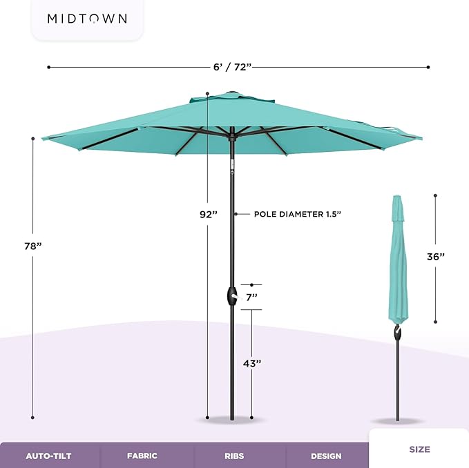 Midtown Umbrellas - 10-Year-No-Fade 6 Ft Patio Umbrella with Terylast Fabric, Auto-Tilt Aluminum Frame and 8 Reinforced Ribs for Deck, Pool, Garden & Beach - Purple Texture Canopy, Black Pole