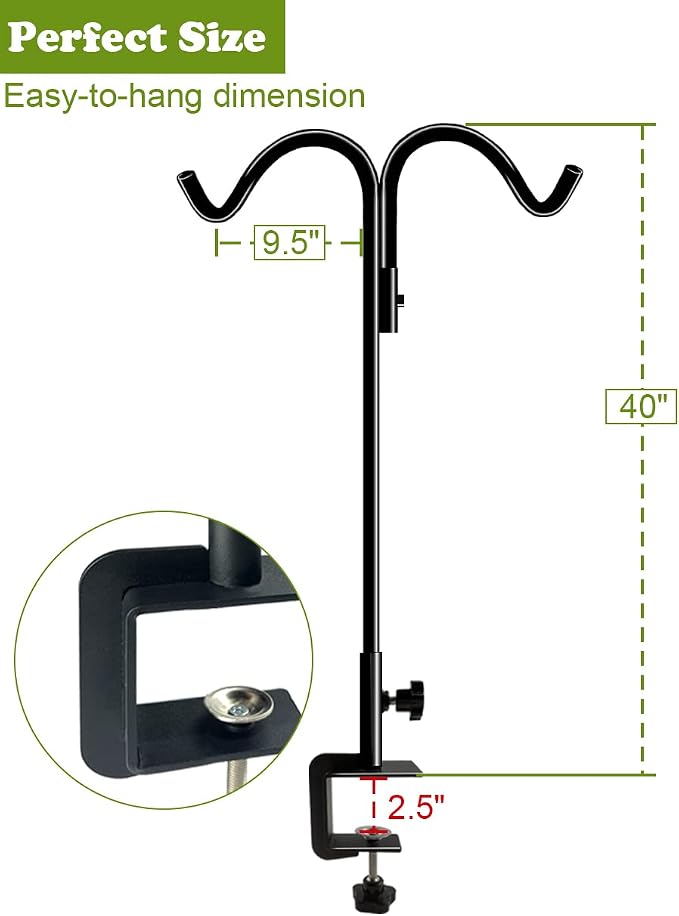 Koutemie 40 Inch Tall Double Deck Hook for Railing, Adjustable Outdoor Shepherds Hook with 2-Inch Strengthened Clamp for Hanging Plant Bird Feeder, 1 Pack