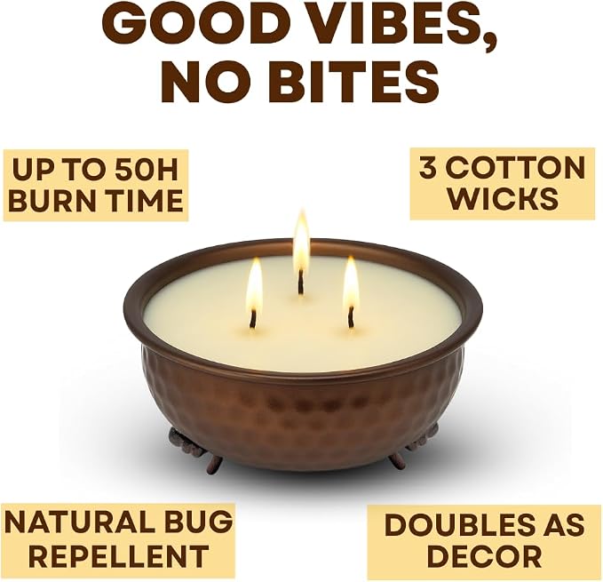 Dough Bowl Candle Co. Citronella Candle - Insect Repellent in Fire Pit Design, 3 Wick Patio Accessories for Glamping, Deck, Patio, Back Yard, Indoor and Outdoor Candles for Summer, 50 Hour Burn Time