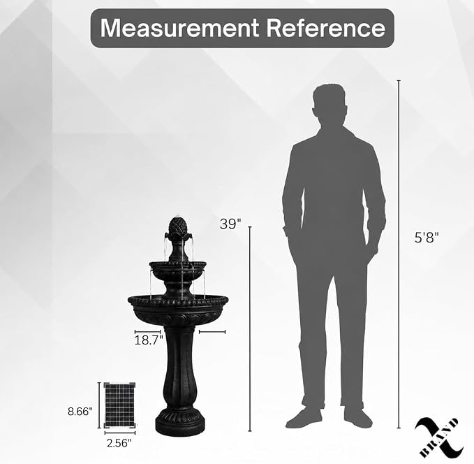 XBrand 39" 2-Tier Outdoor Freestanding Solar Water Fountain - Classic Design, Black Resin Bird Bath with Pump - Ideal for Yard, Lawn and Garden, Porch Décor